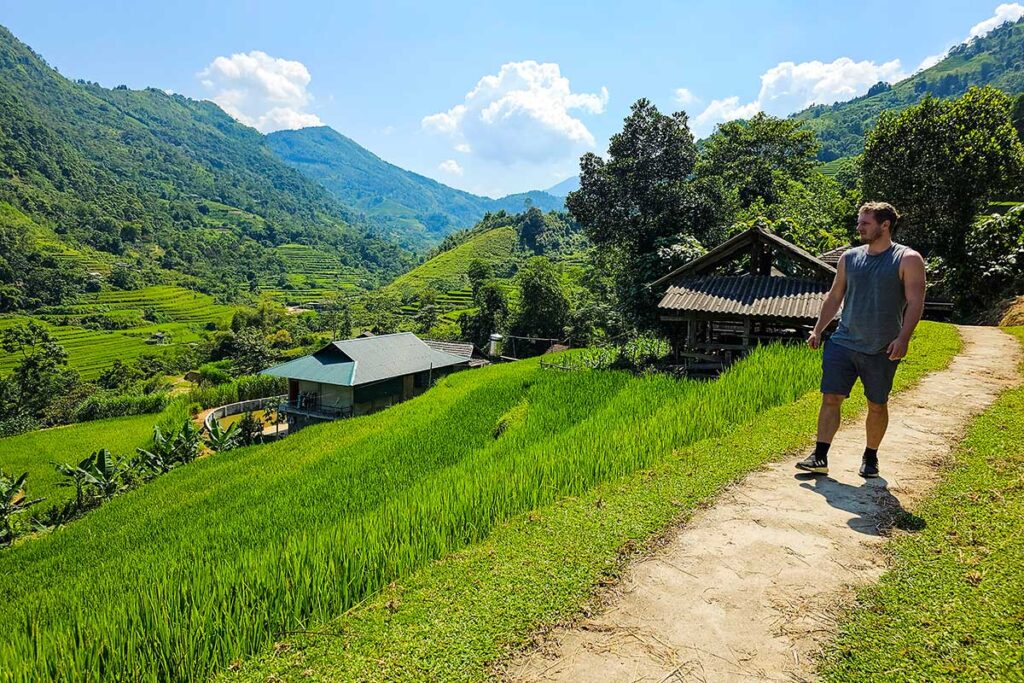 Trekking und Wandern in Ha Giang in den terrassenförmigen Reisfeldern von Hoang Su Phi