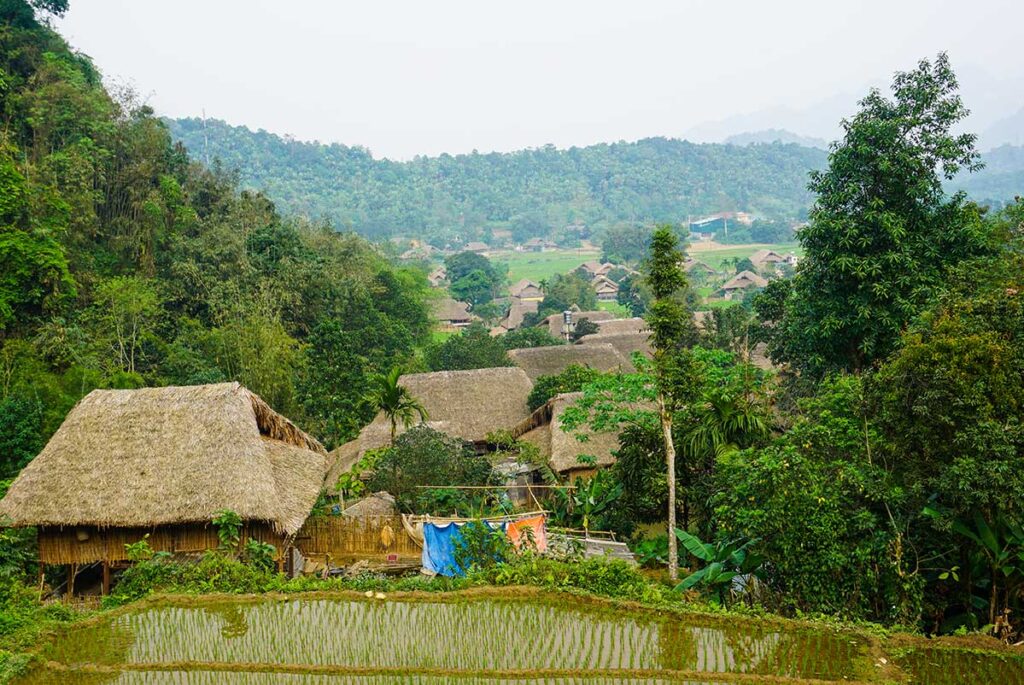 view from the mountain over the stilt houses of Tay ethnic people in Thon Tha Village